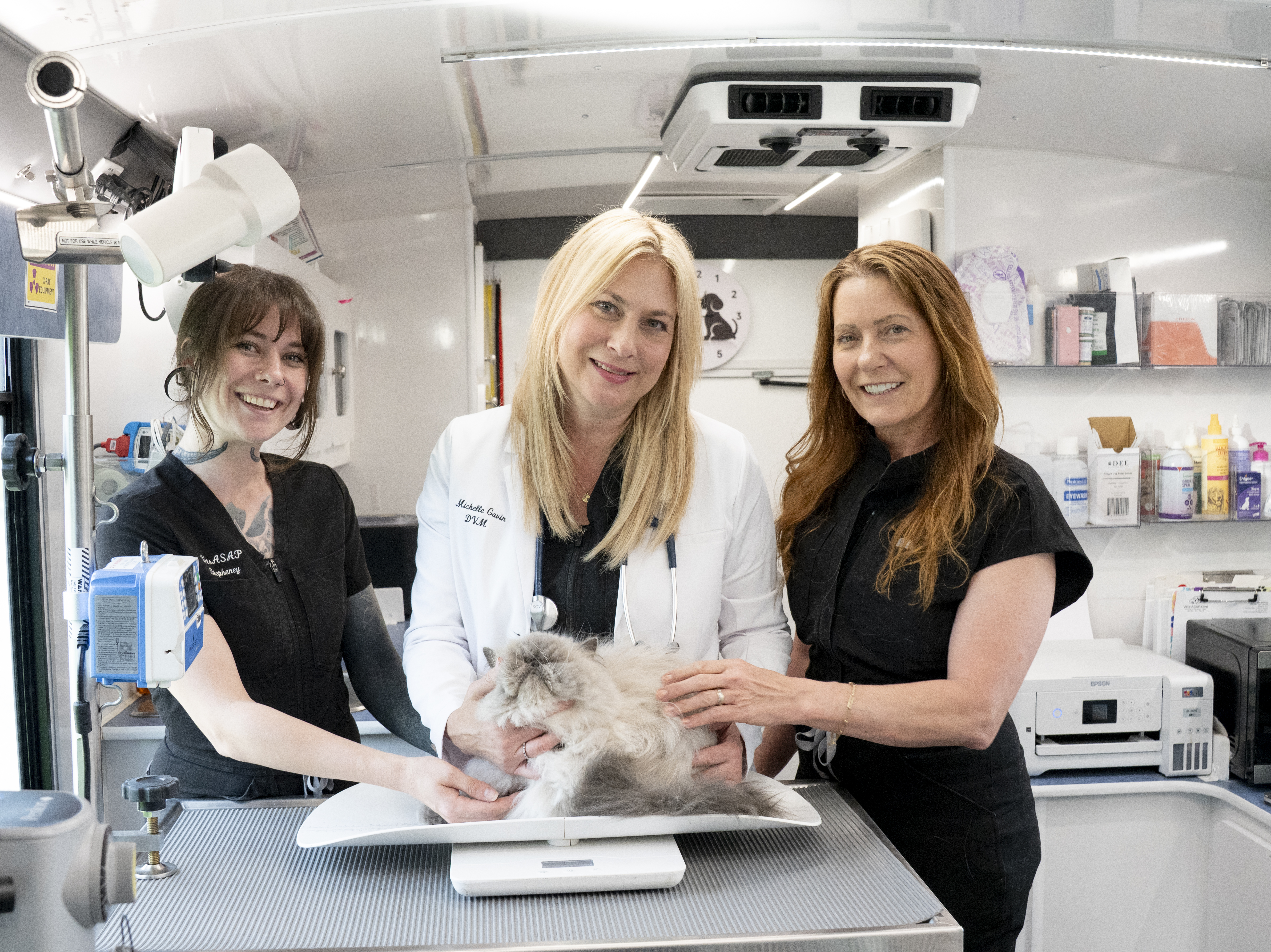 Dr. Caren, Stepheney and Sandy with a Persian cat patient in the mobile clinic