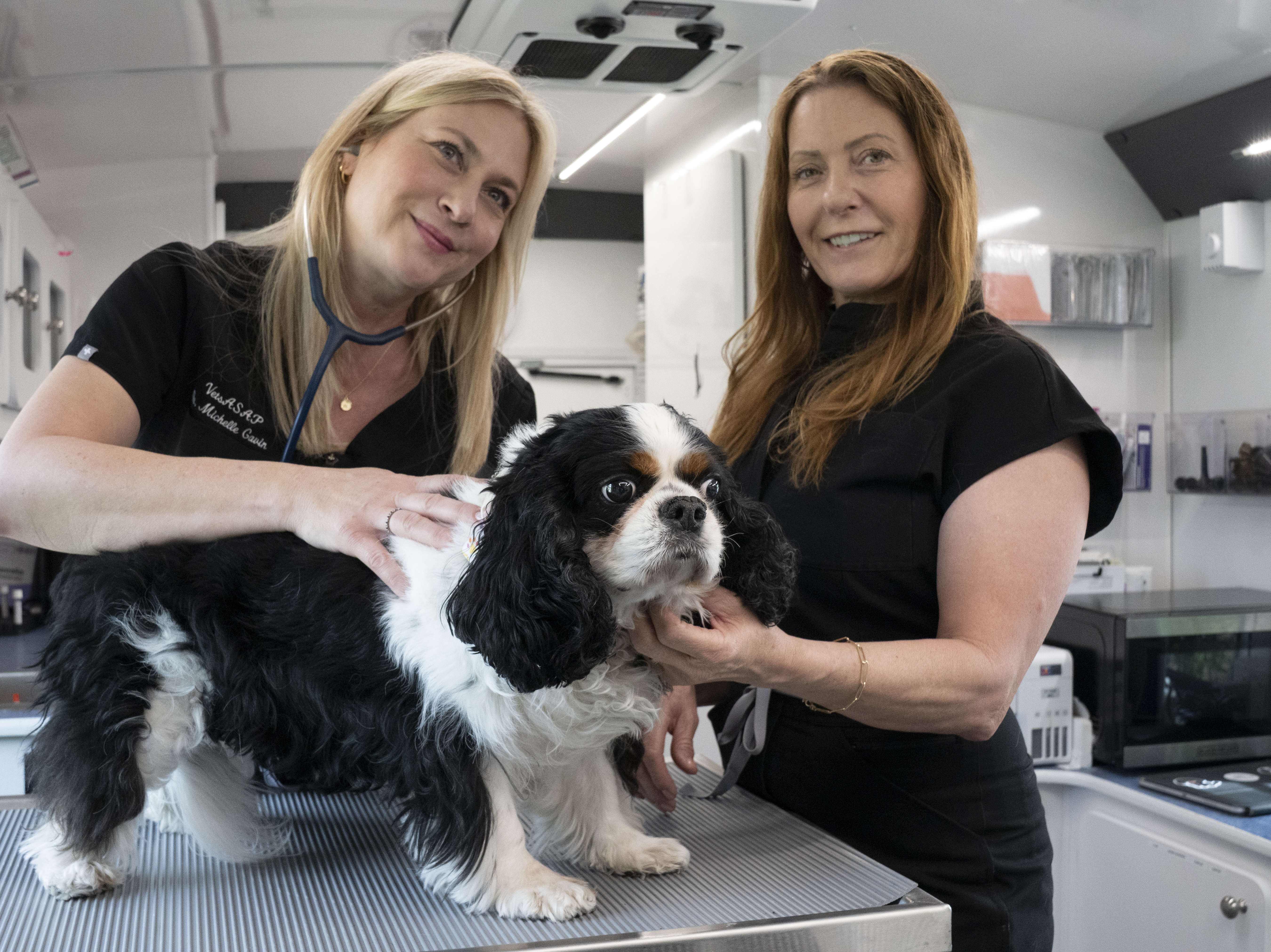 Dr. Caren and Sandy smiling with a Cavalier patient